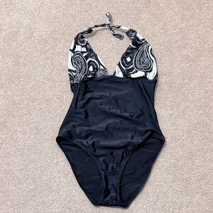 Vix Paula Hermanny Beaded Halter Tie Black White One Piece Swimsuit Size 10